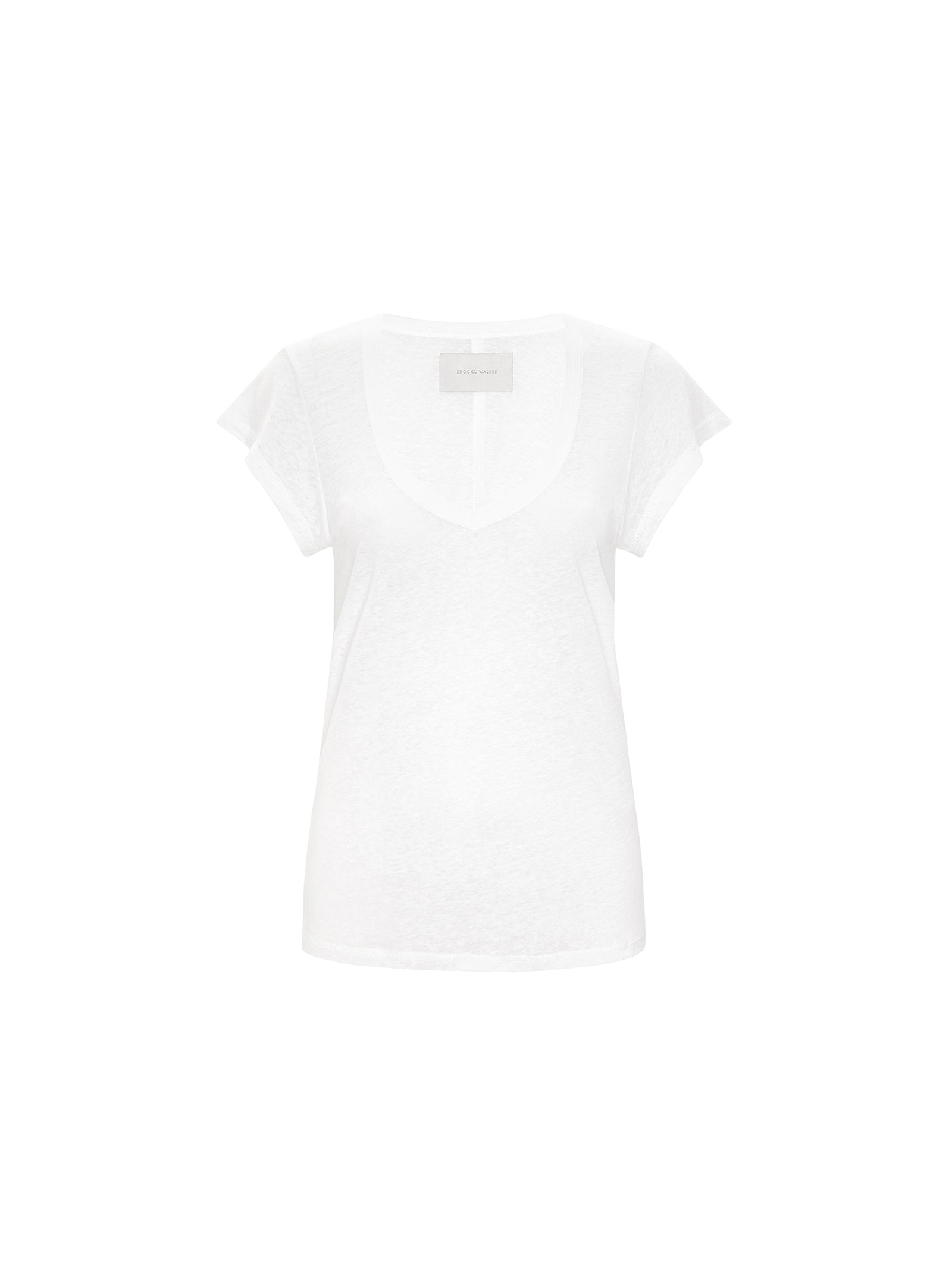 Women's white short sleeve V-neck tee with relaxed drape shown flat on a white background.