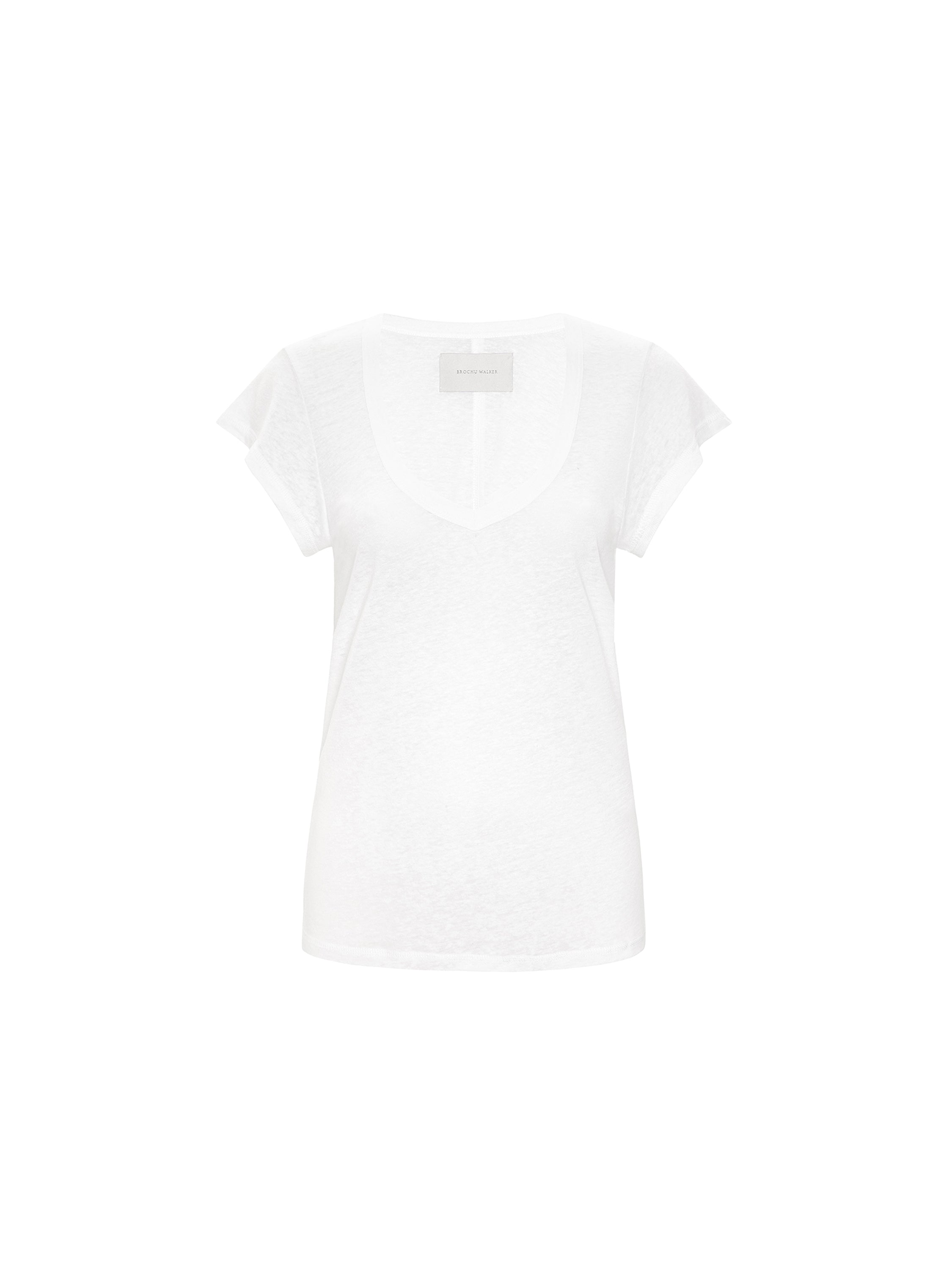 Women's white short sleeve V-neck tee with relaxed drape shown flat on a white background.