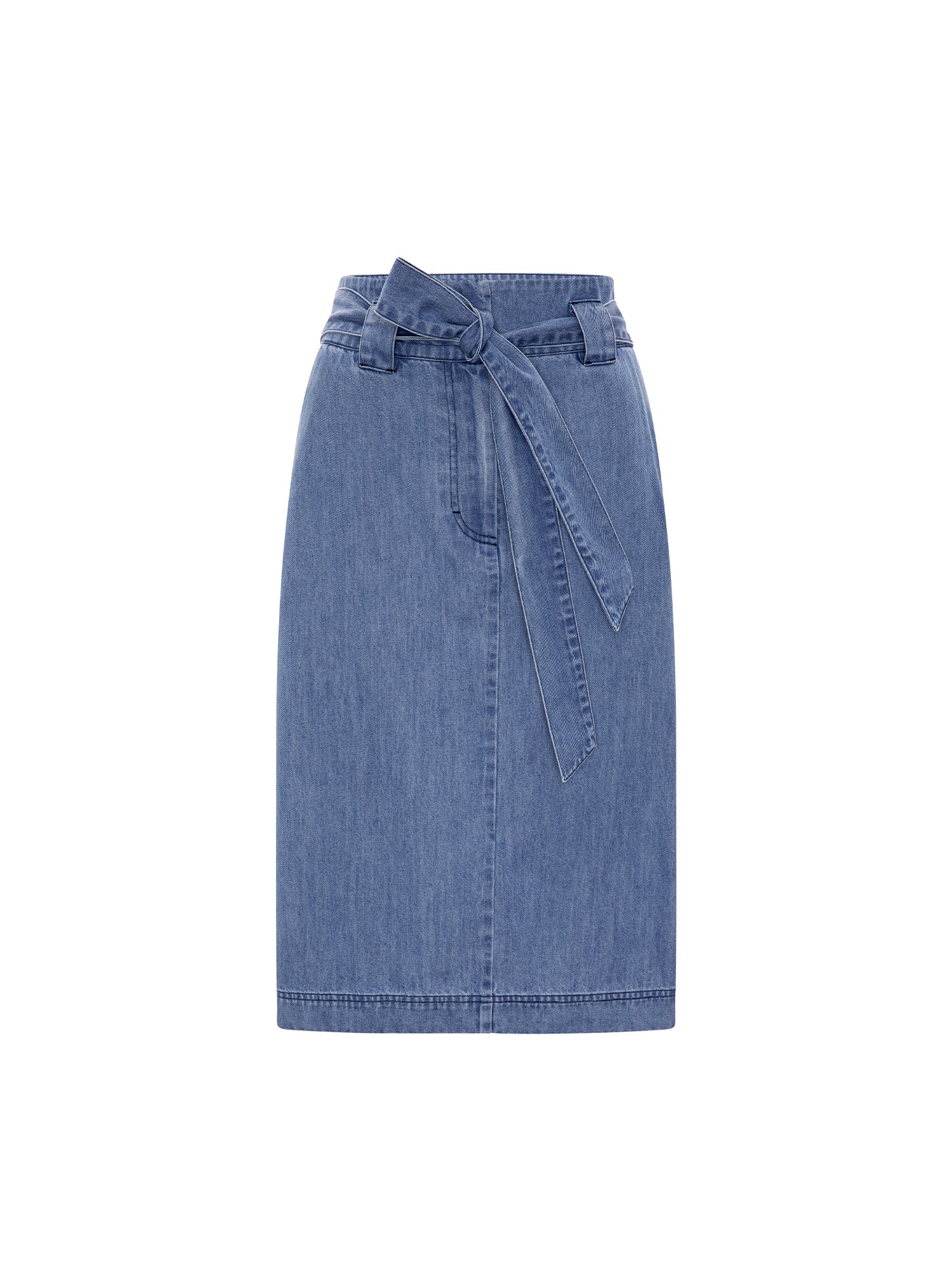 Denim midi skirt in atlantic wash with a tie belt, product view