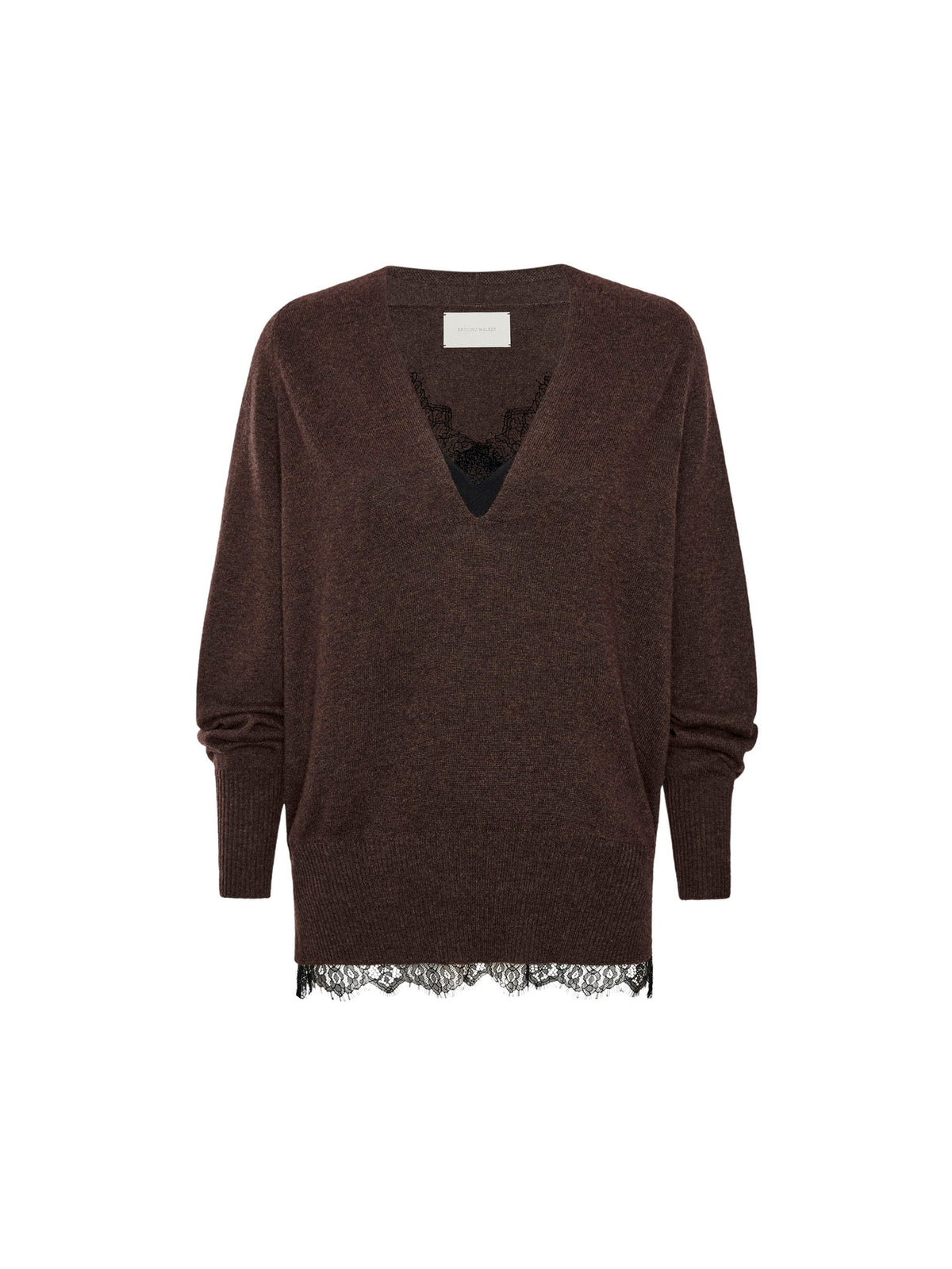 The Lace Vee Looker Pullover in Carob Mélange with Black Lace