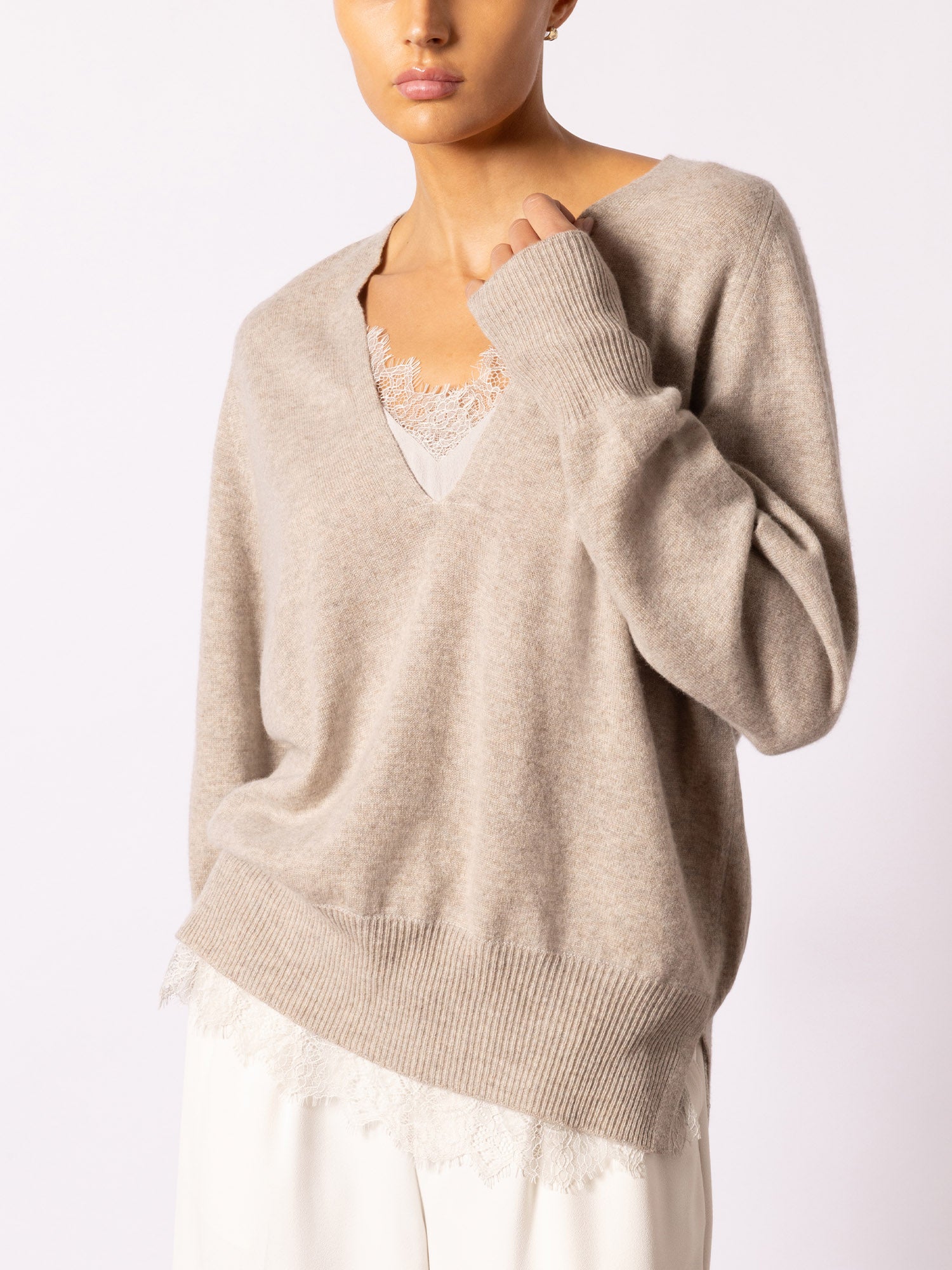 Women's Lace Vee Looker Pullover, Beige