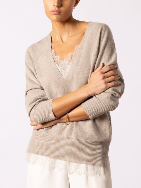 Women's Lace Vee Looker Pullover, Beige