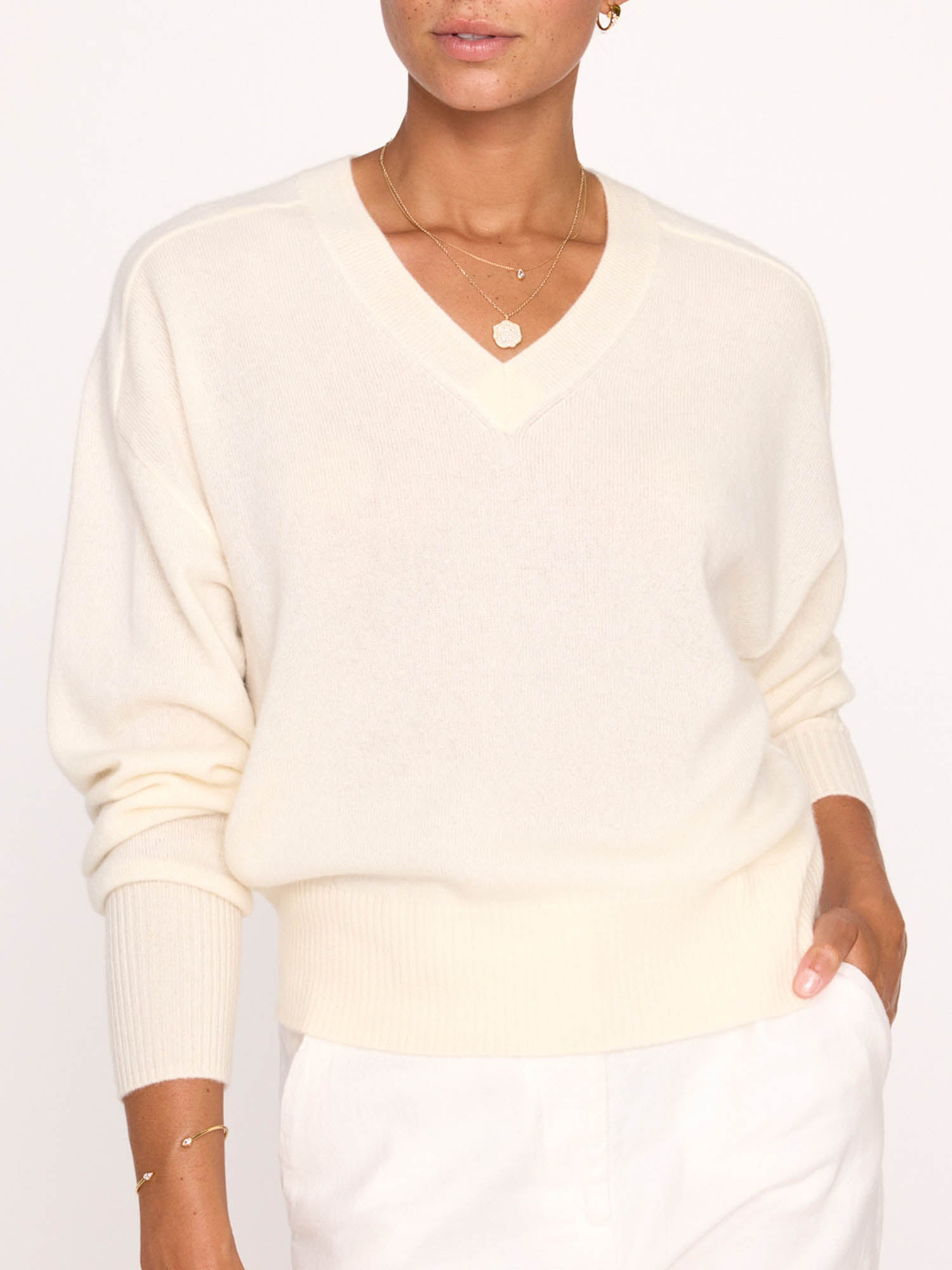 Leia V-neck beige sweater front view