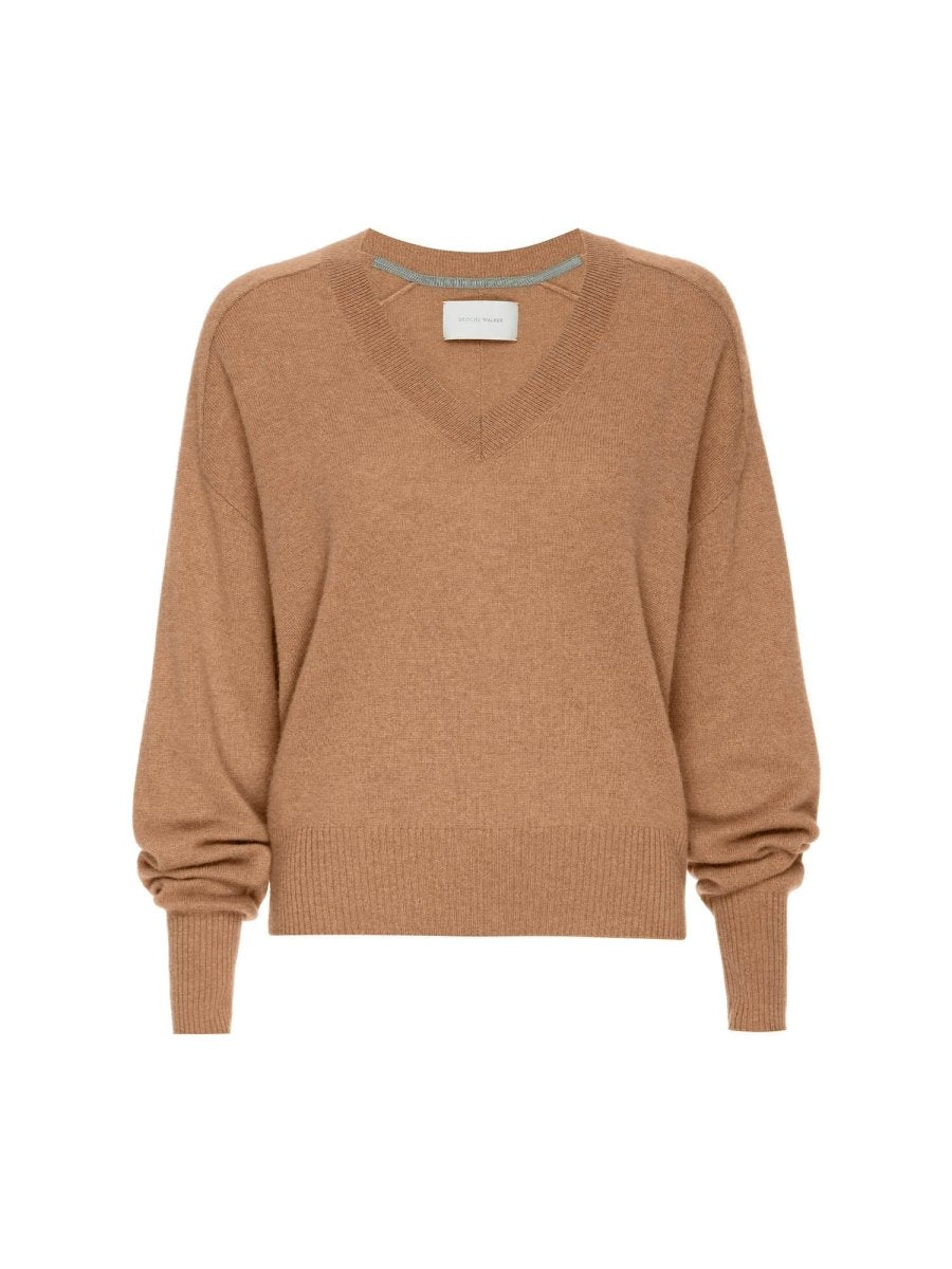 Leia V-neck tan sweater flat view