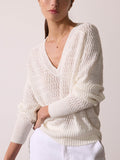 Leia open stitch V-neck white sweater front view 