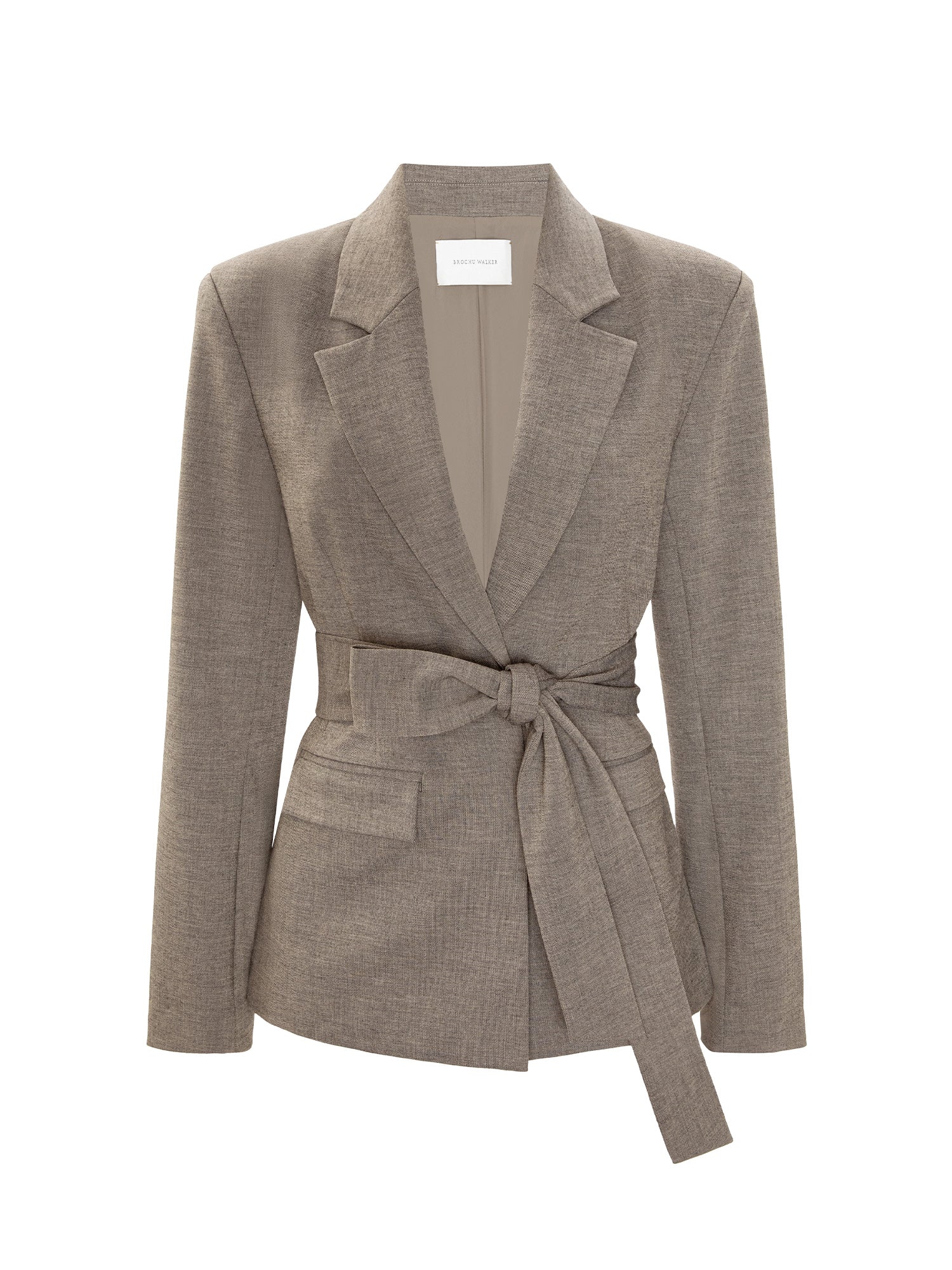 Lincoln blazer in gravel melange, a tailored grey jacket with a wrap-style tie belt, shown flat on a white background.