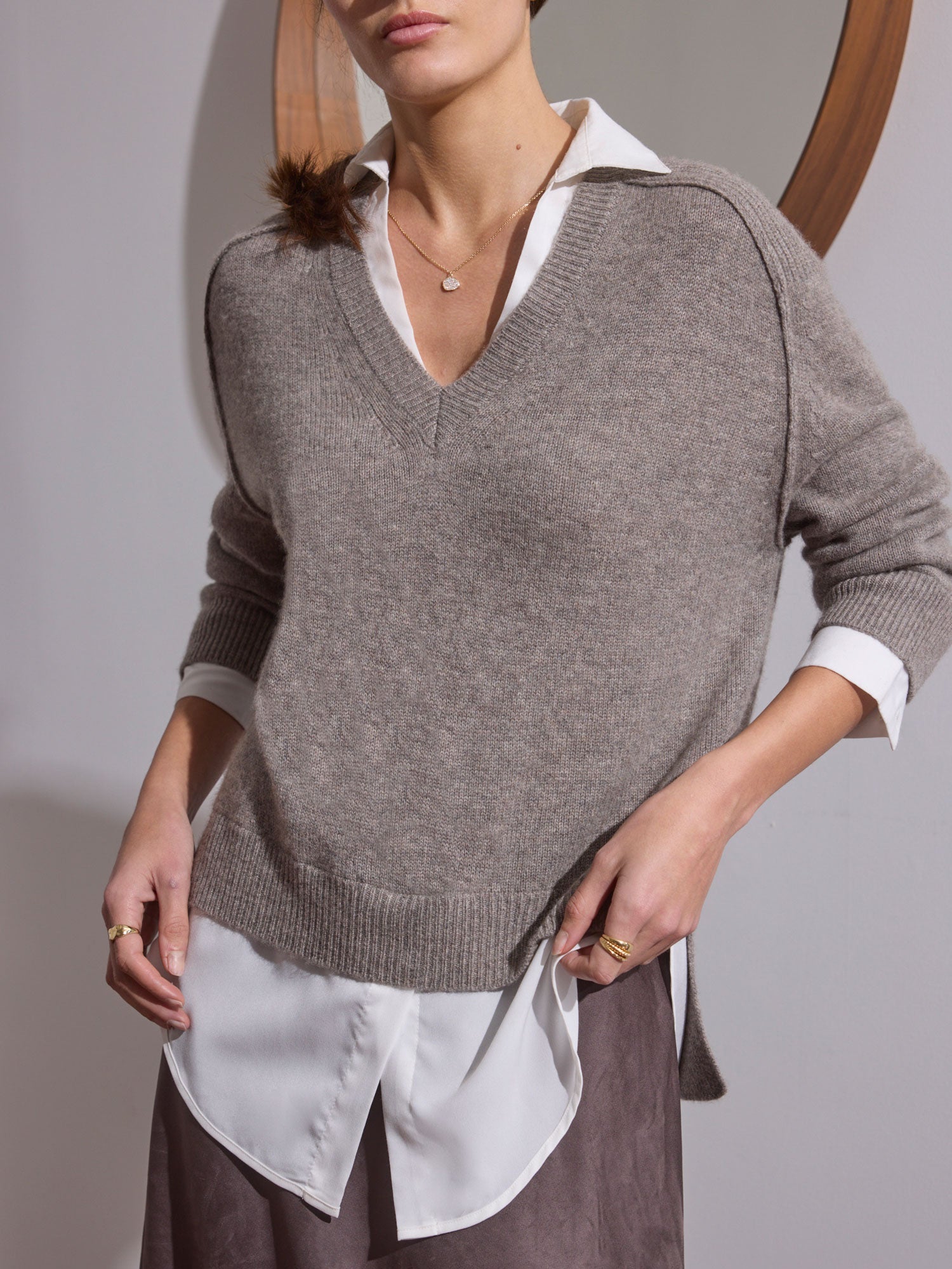 looker heather taupe grey layered v-neck sweater front view