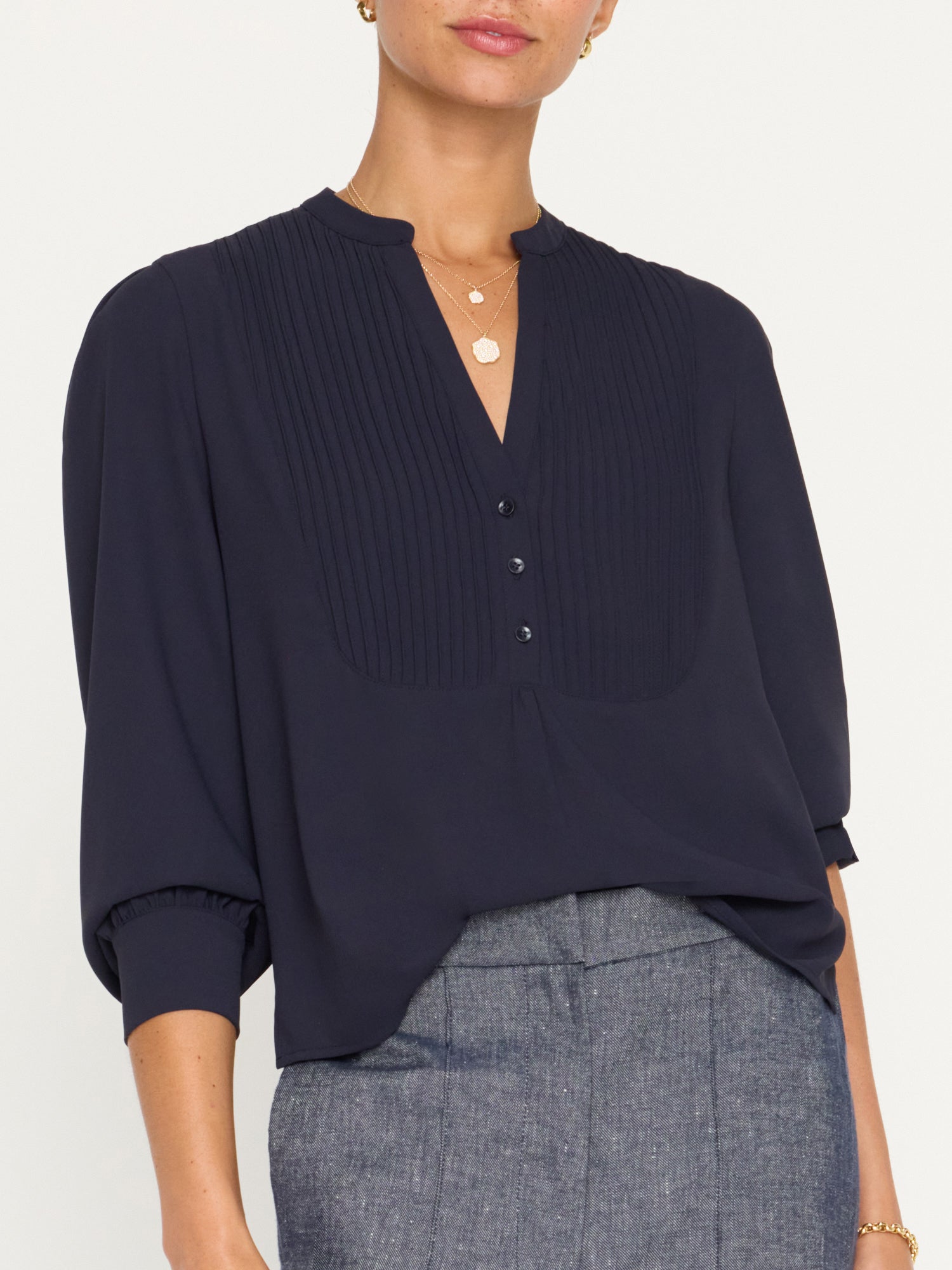 Lora navy v neck three quarter sleeve blouse front view 2