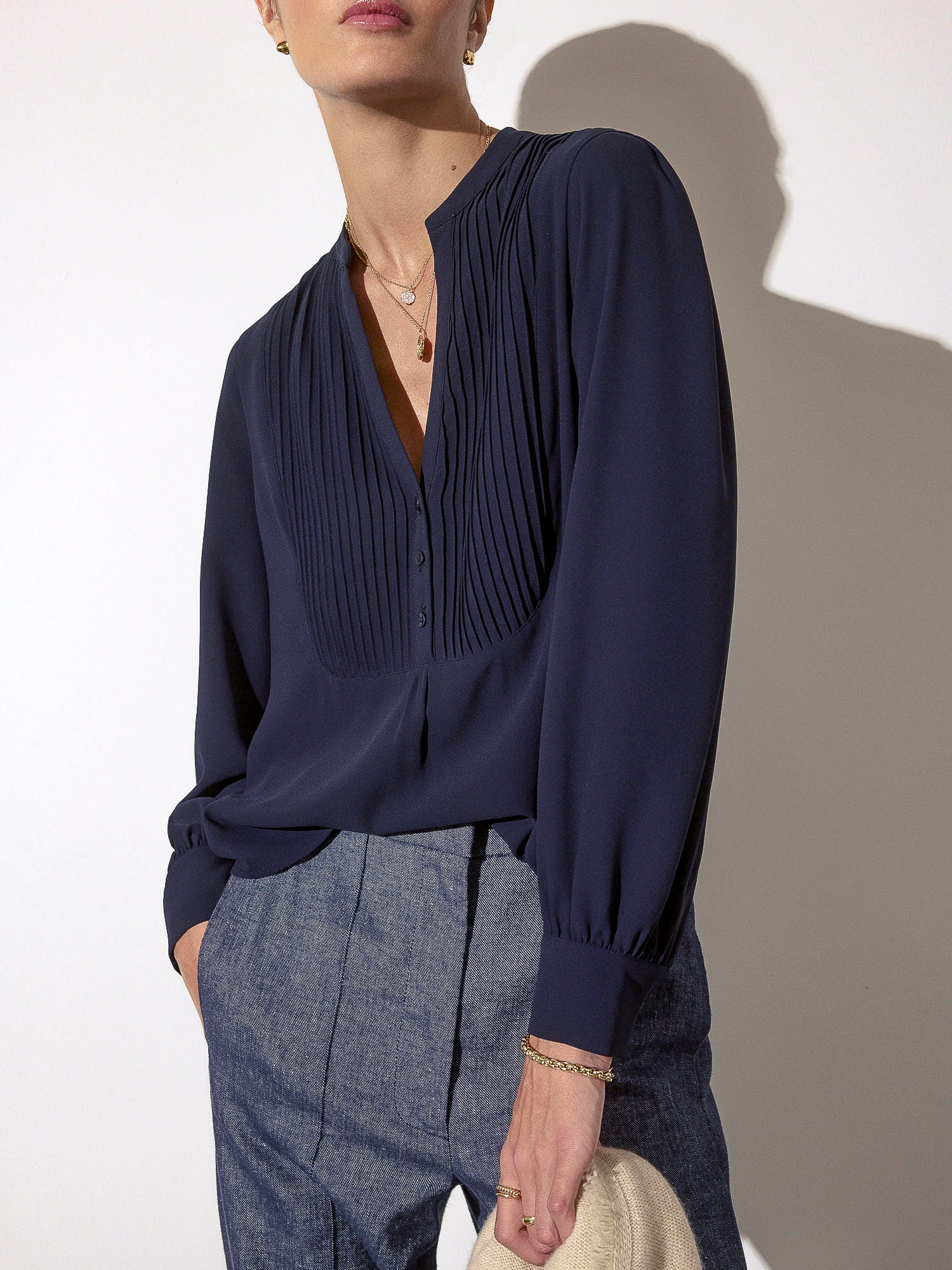 Lora navy v neck three quarter sleeve blouse front view 