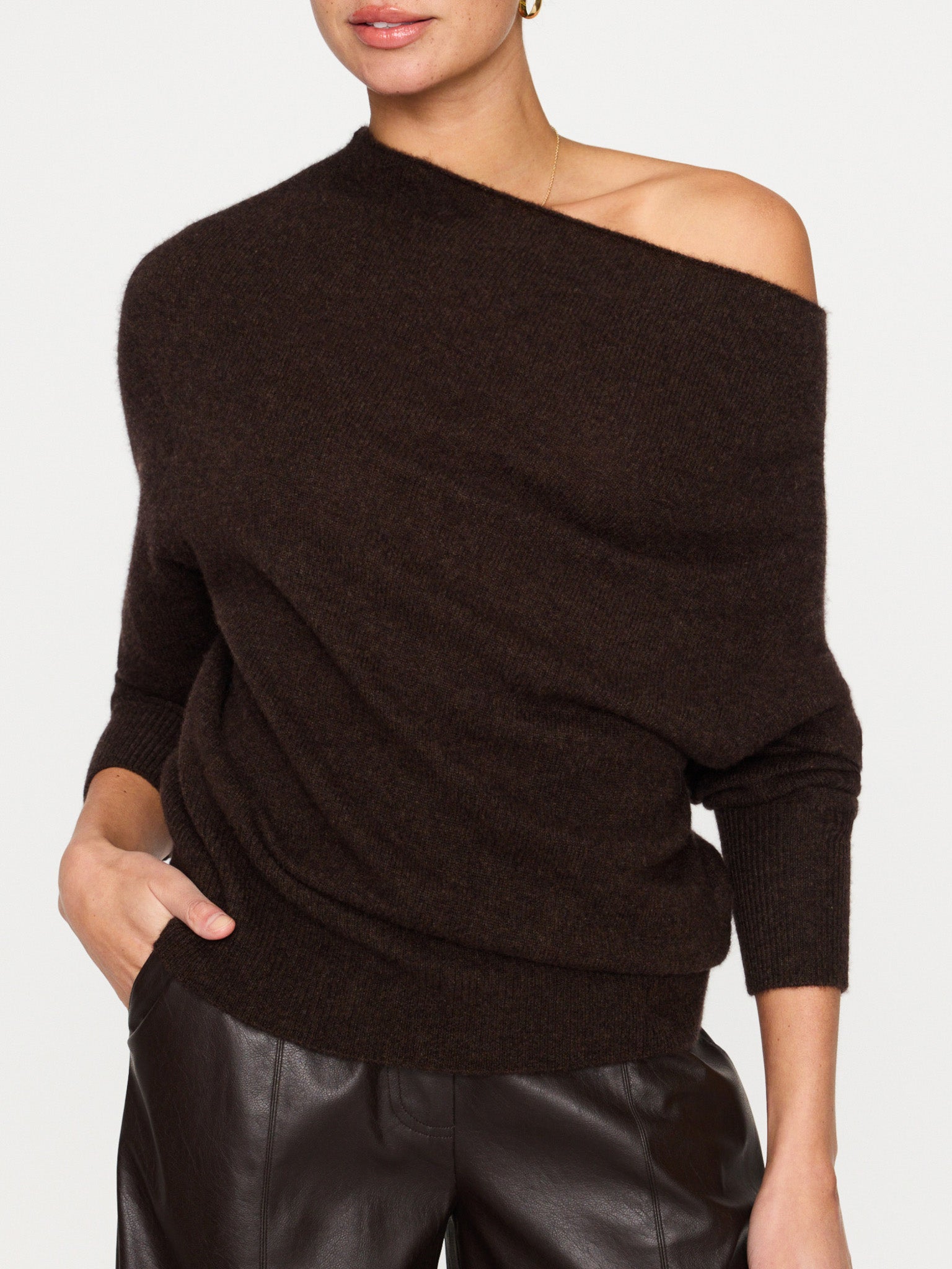 Lori cashmere off shoulder brown sweater front view 2