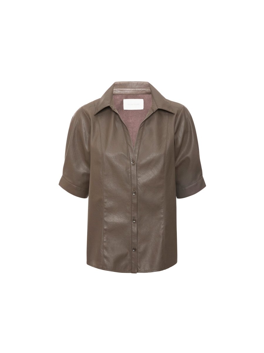 Brown leather shirt for women featuring short sleeves, a collared neckline, and button-down front in a structured silhouette.