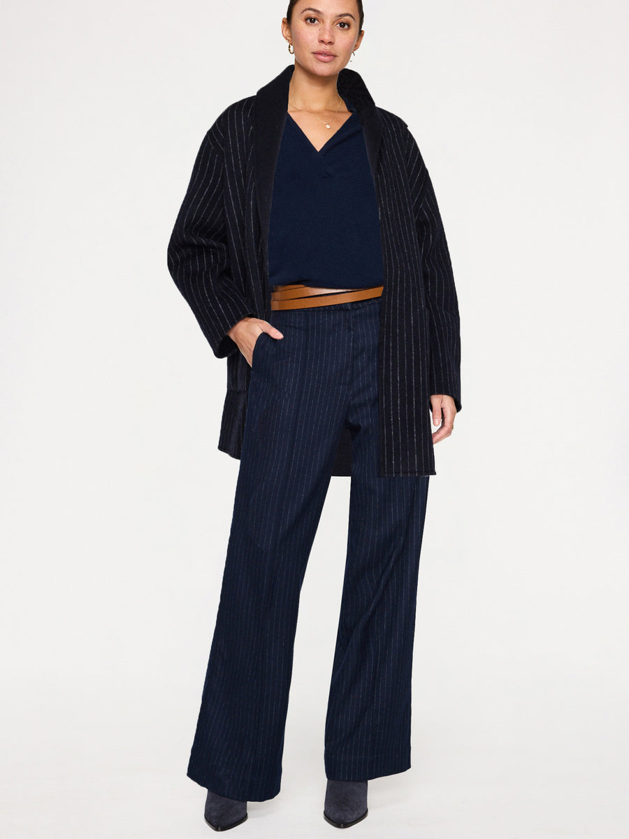Mina wool reversible navy and navy pinstripe coat full view