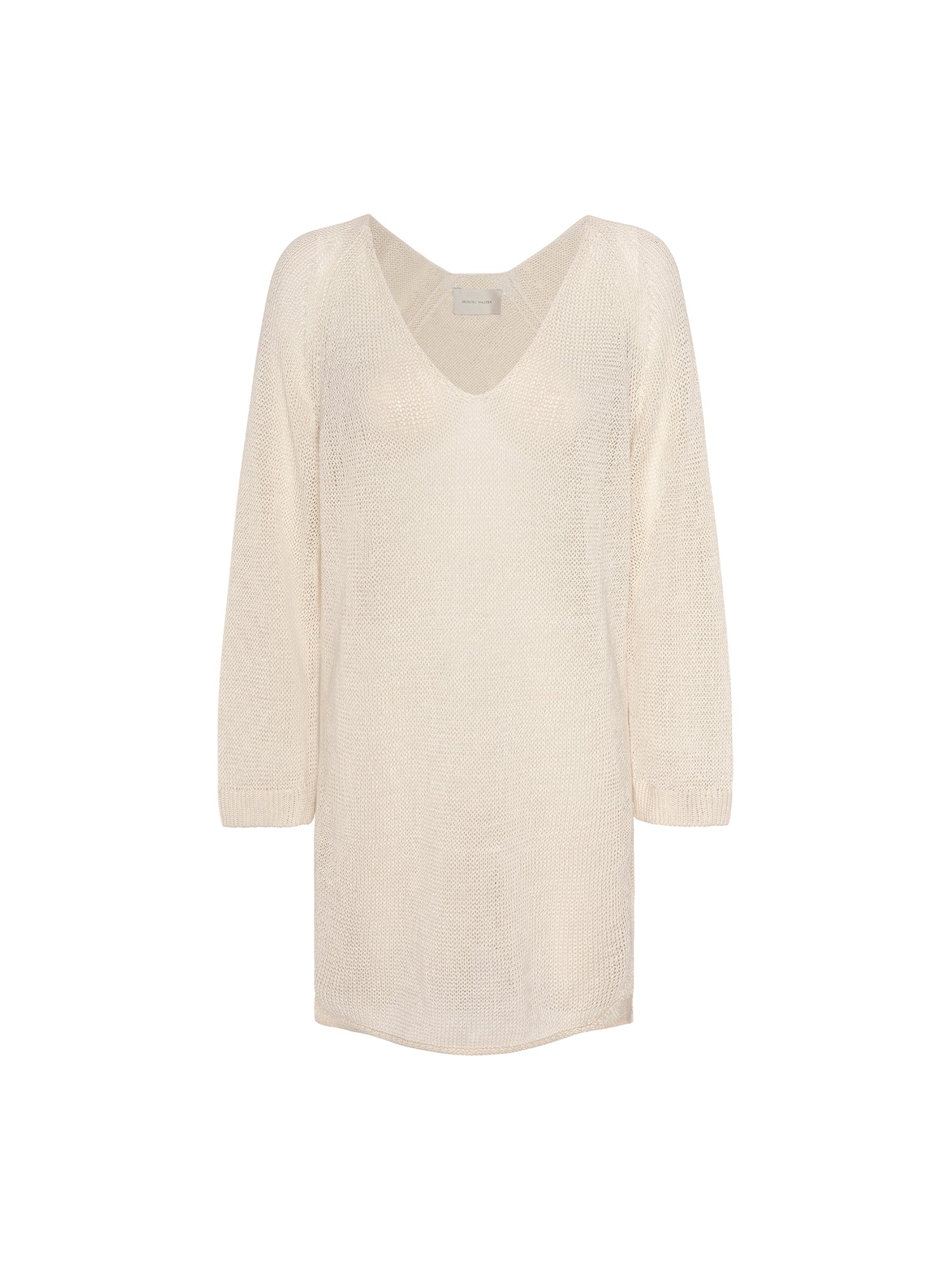 Ecru Manon Cover-Up Dress, a V-neck long-sleeve open-knit tunic-length sweater dress, on a white background.