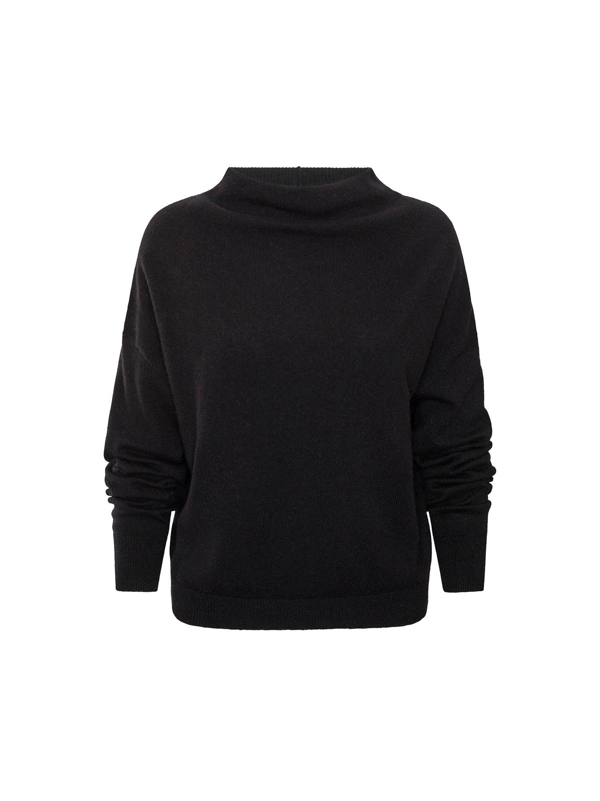 Woman wearing a women's black cashmere funnel neck sweater with black leather pants, front view