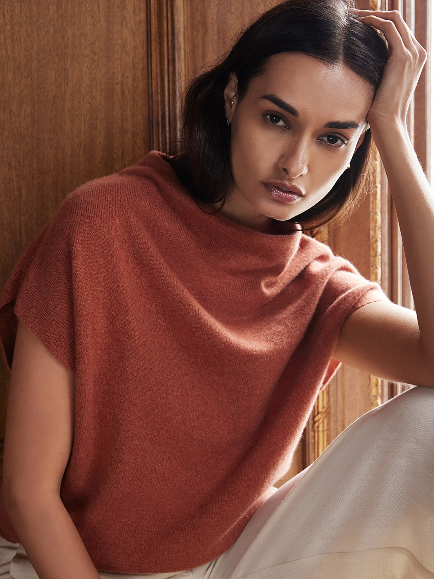 Women's Morten cowl-neck sweater in rust terracotta knit
