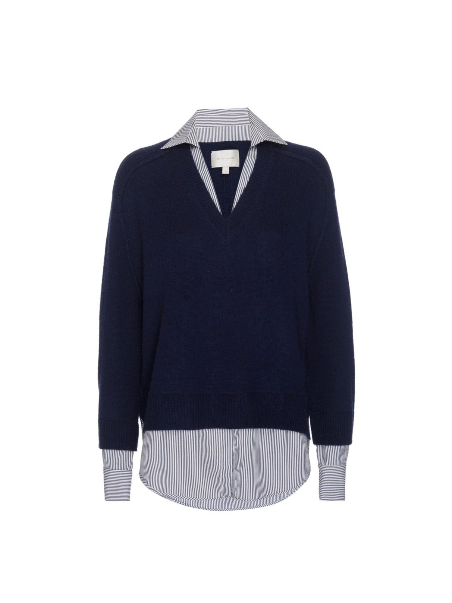 Women's Layered V-neck Pullover Sweater in Navy with Stripe Woven