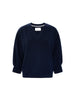 Women's navy blue V-neck knit sweater with long balloon sleeves and ribbed cuffs, shown on a white background