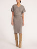 Ophi V-neck cashmere sweater dress in otter melange, studio shot with knee-high boots