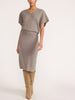Ophi V-neck cashmere sweater dress in otter melange, full-length front view with suede knee-high boots