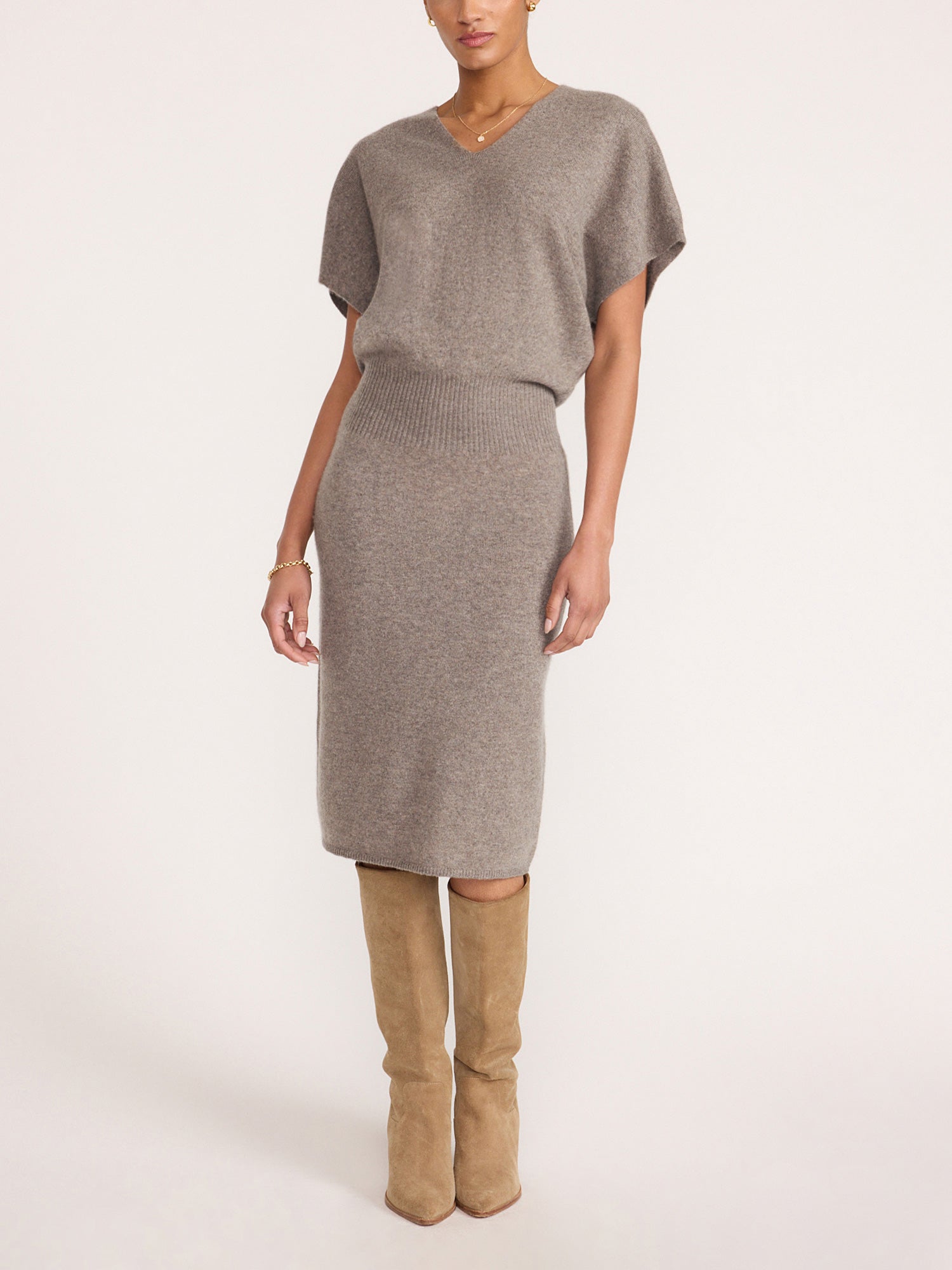 Ophi V-neck cashmere sweater dress in otter melange, front view with over-the-knee suede boots
