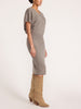 Ophi V-neck cashmere sweater dress in otter melange, side profile with suede knee-high boots