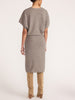 Ophi V-neck cashmere sweater dress in otter melange, back view with suede boots