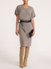 Ophi V-neck cashmere sweater dress in otter melange, styled with a black belt and suede over-the-knee boots