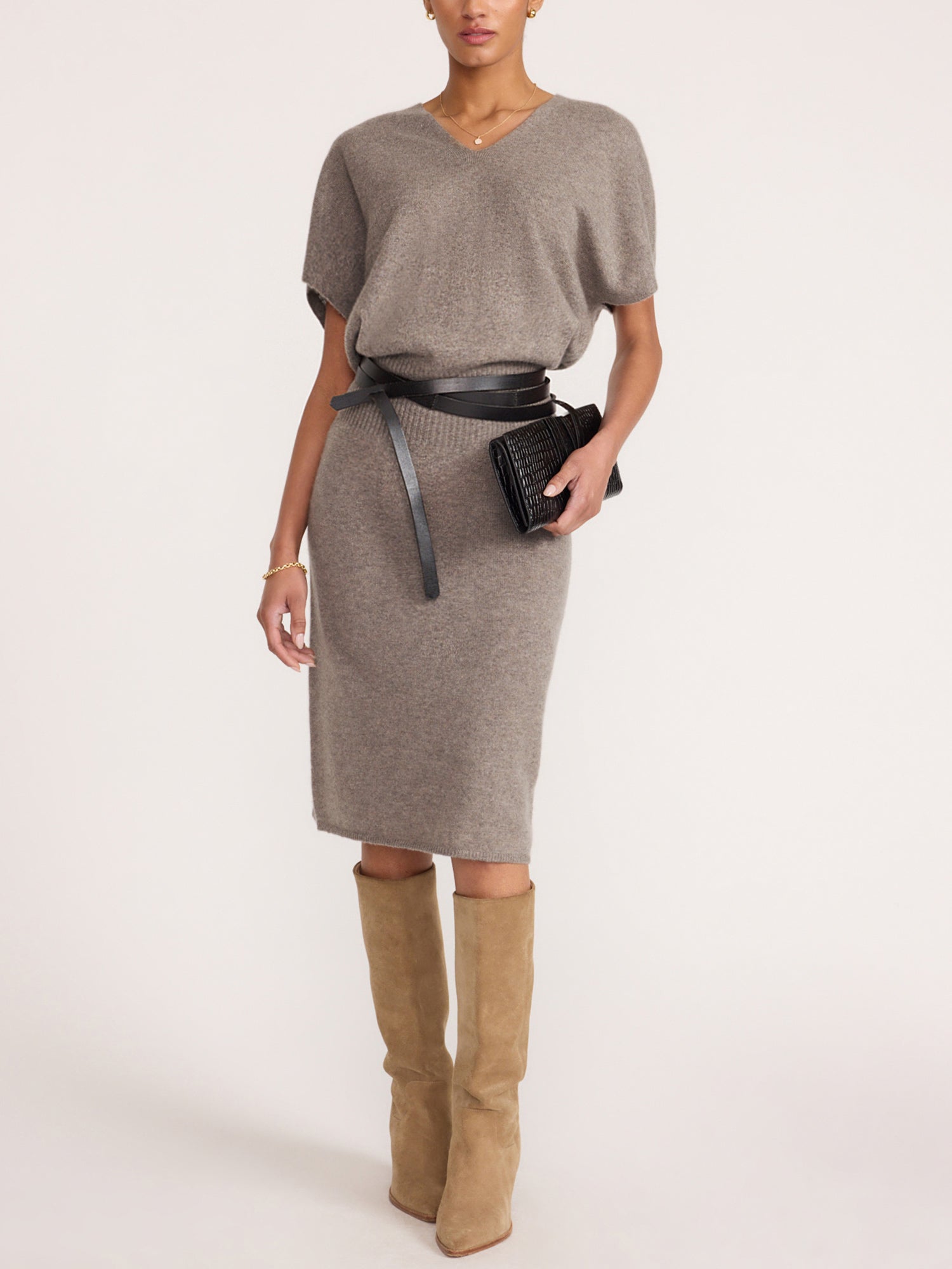 Ophi V-neck cashmere sweater dress in otter melange, styled with a belt and suede knee-high boots
