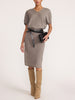 Ophi V-neck cashmere sweater dress in otter melange, styled with a belt and suede knee-high boots