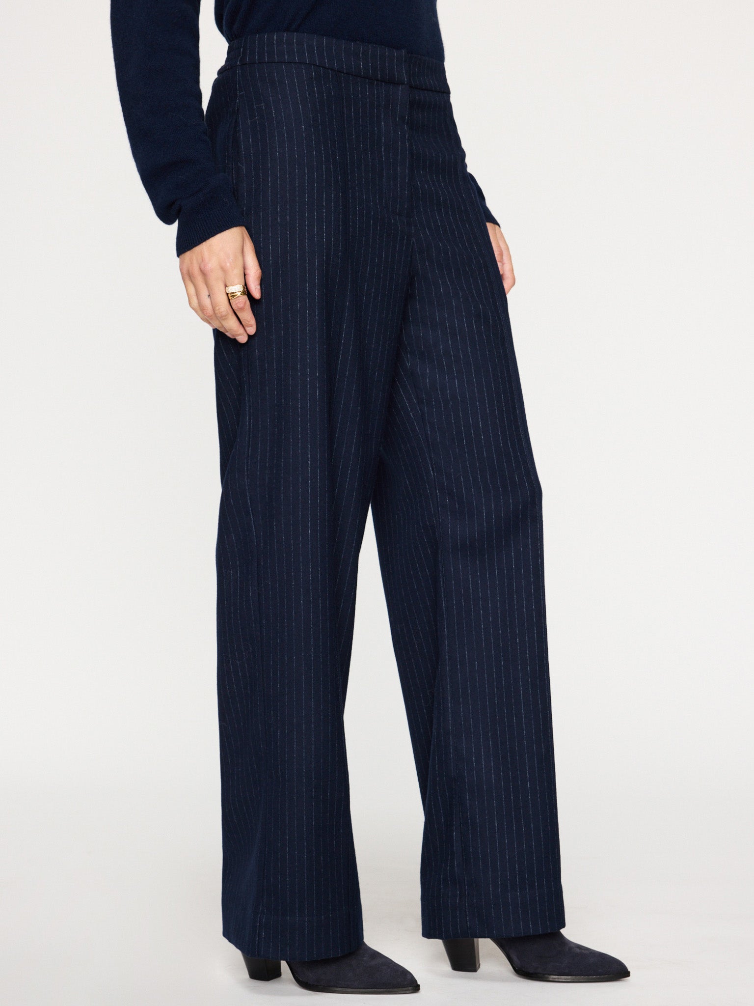 Olena navy pinstripe high rise straight leg pant side view