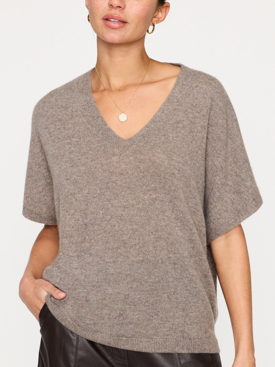 Ophi cashmere grey v-neck t-shirt top front view 2