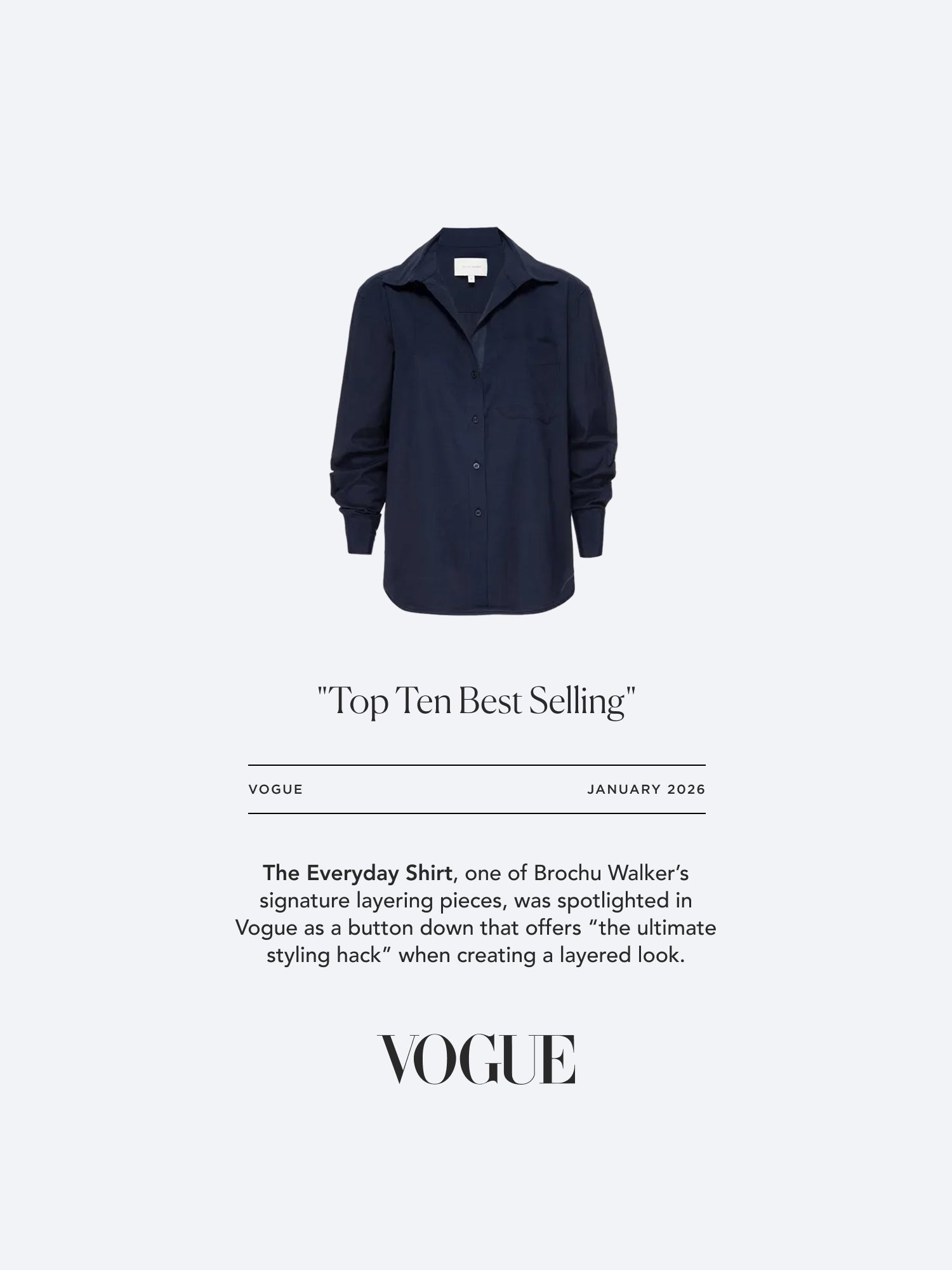 Brochu Walker Everyday Shirt in navy blue, named a Vogue Top Ten Best Selling button-down for its versatile layering design.