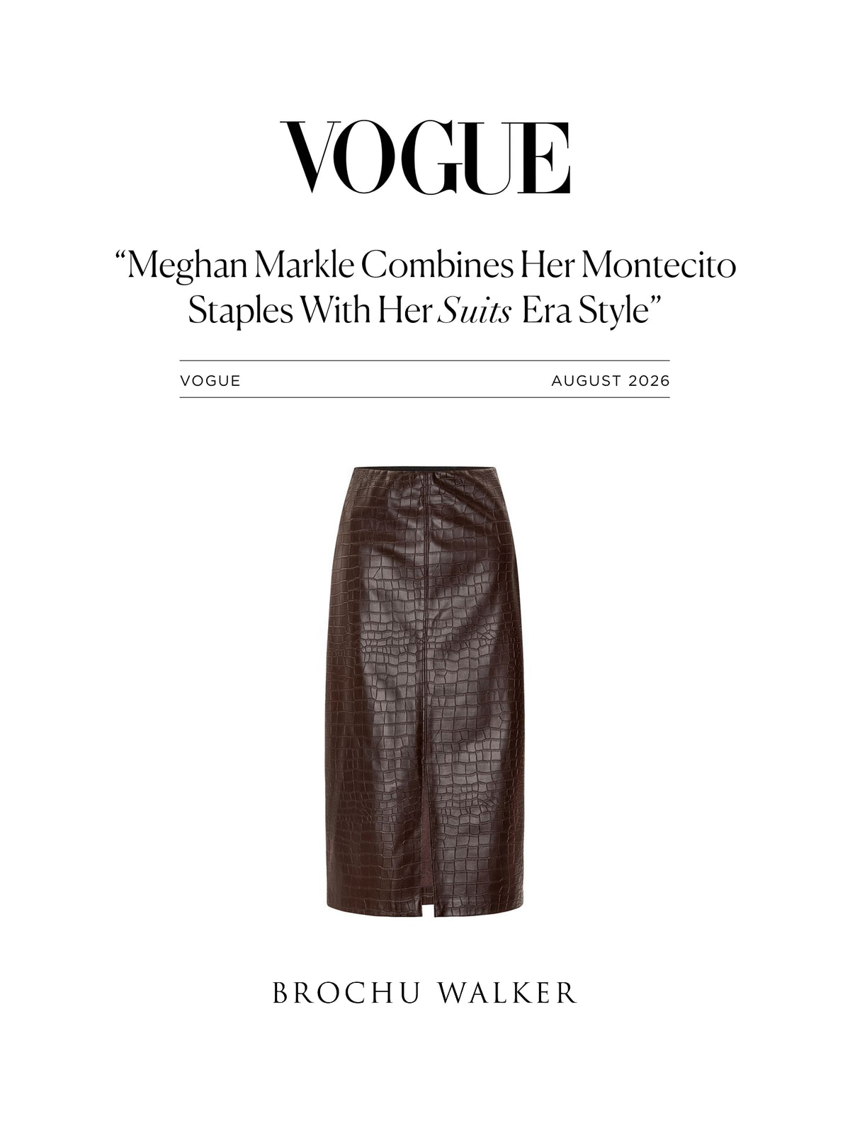 Vogue press feature showcasing a crocodile-embossed leather skirt, referencing Meghan Markle's Suits-inspired style