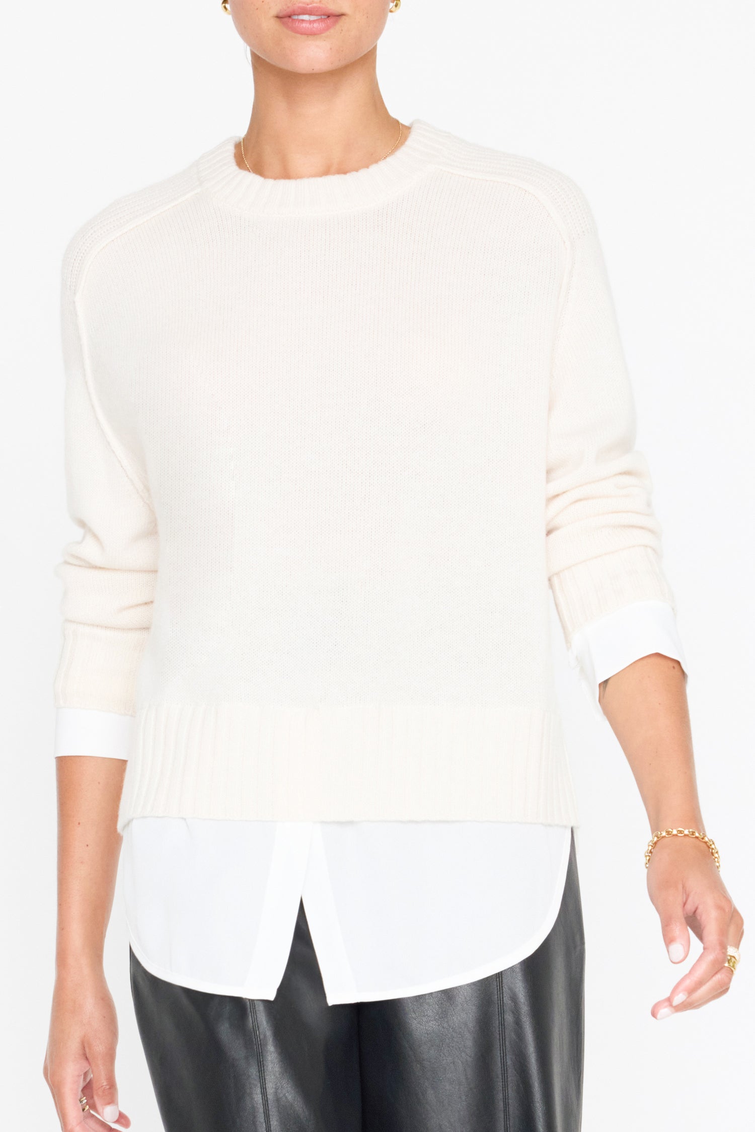 Parson cashmere-wool layered crewneck white sweater front view 3