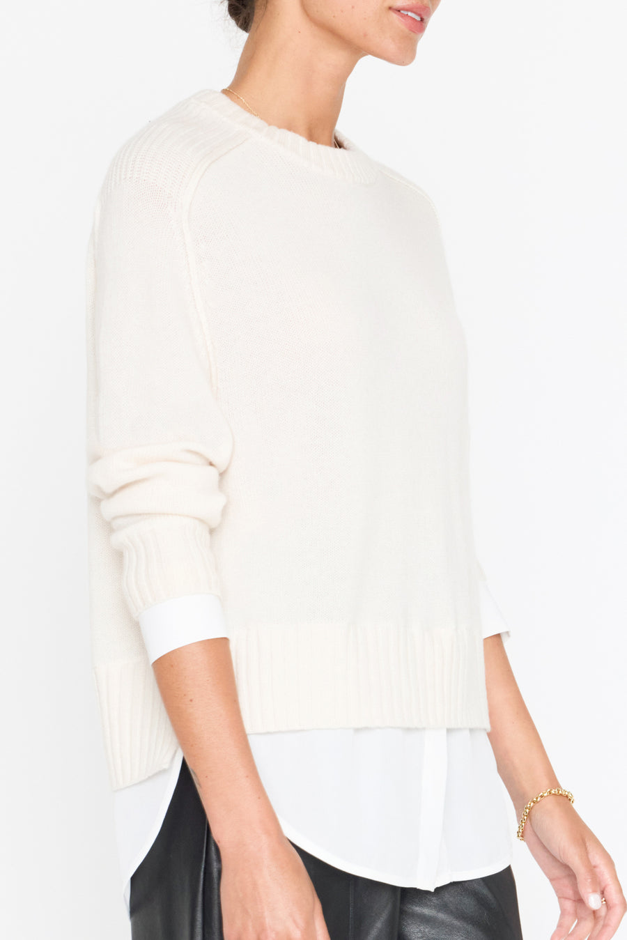 Parson cashmere-wool layered crewneck white sweater side view