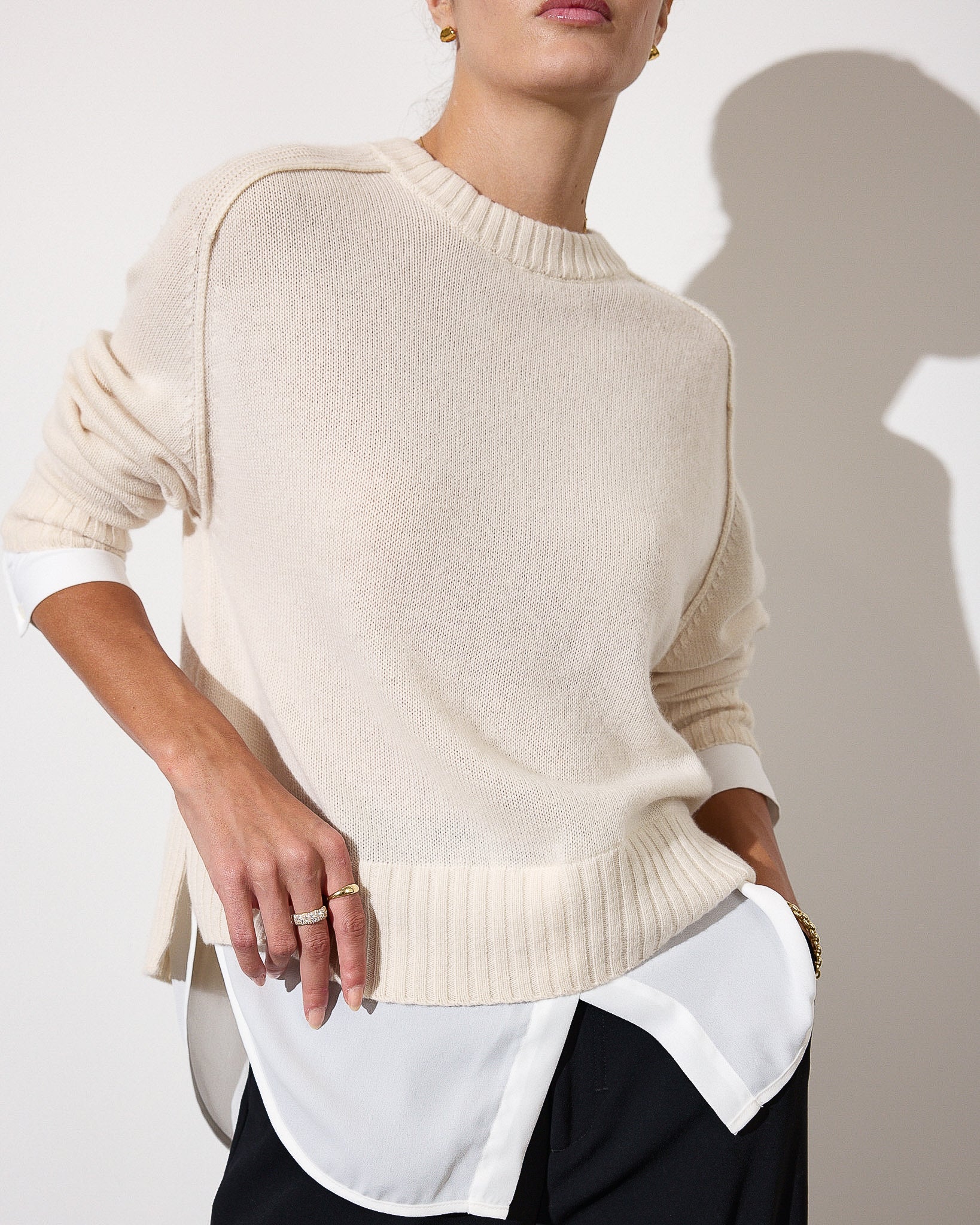 Parson cashmere-wool layered crewneck white sweater front view