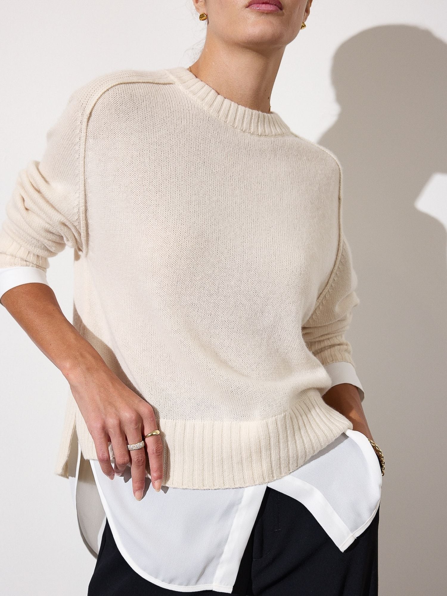 Parson cashmere-wool layered crewneck white sweater front view