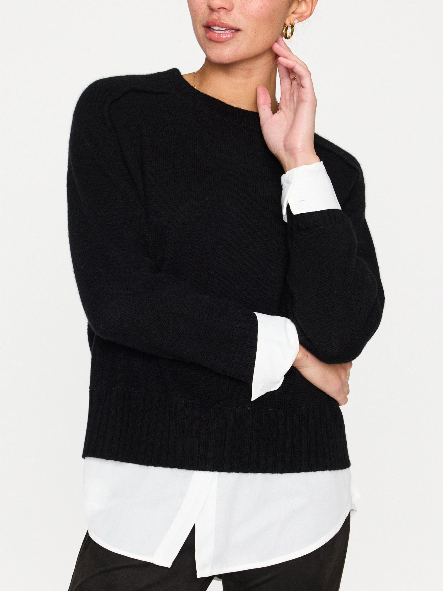 Parson cashmere-wool layered crewneck black sweater front view 2