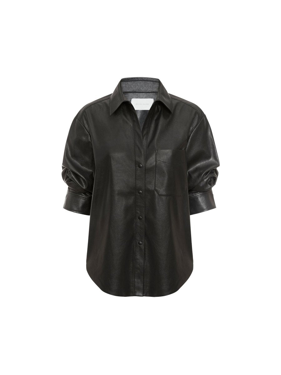 black leather dress shirt Camisa Abotonada Utility Faux Leather Short Sleeve - Negro