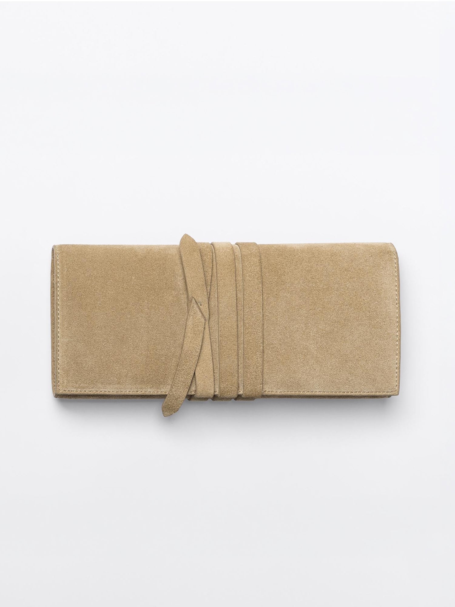 Beige suede clutch bag with a wrap-around tie strap