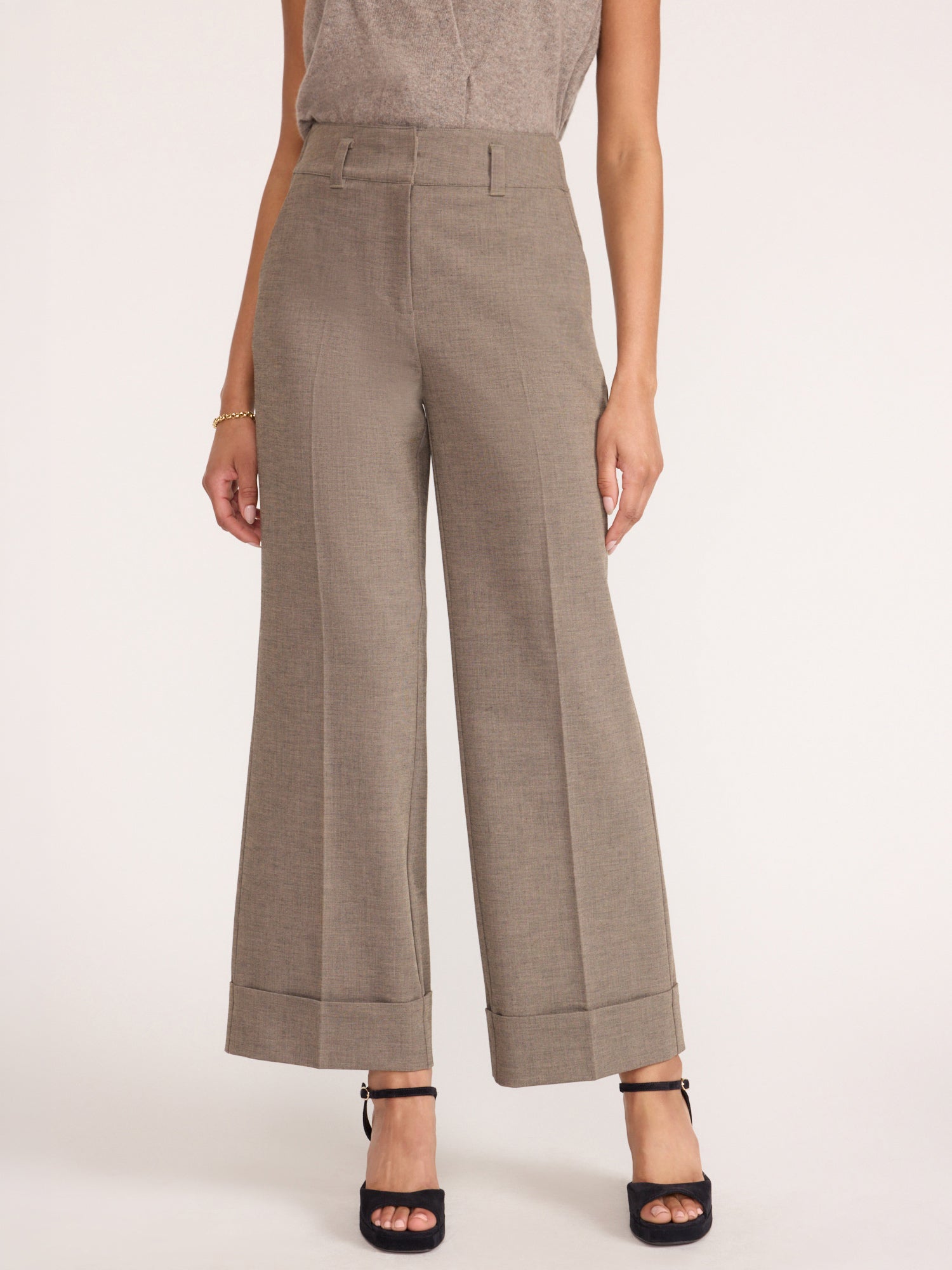 Reece high-waisted wide-leg cropped trousers in gravel melange, front view with black strappy heels