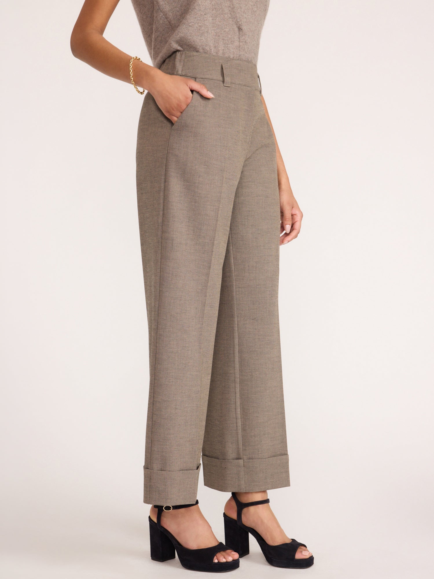 Reece high-waisted wide-leg cropped trousers in gravel melange, styled with black platform sandals