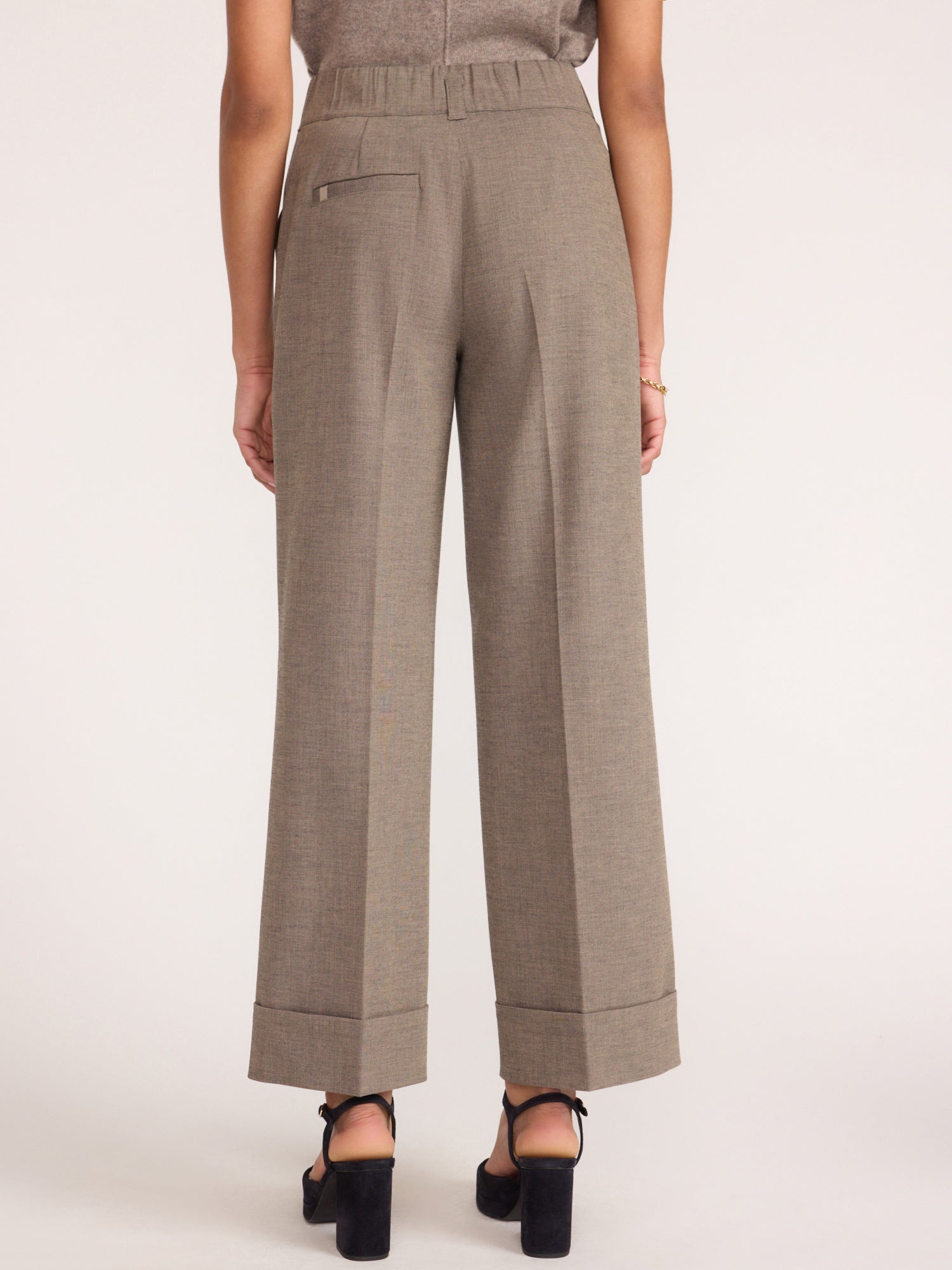 Reece wide-leg cropped trousers in gravel melange, back view with high-heeled sandals