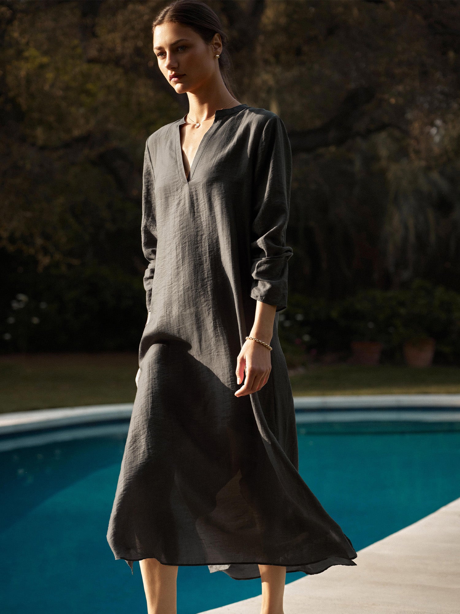 Sedna voile kaftan dress in brownstone, three-quarter sleeve linen midi dress, poolside garden setting