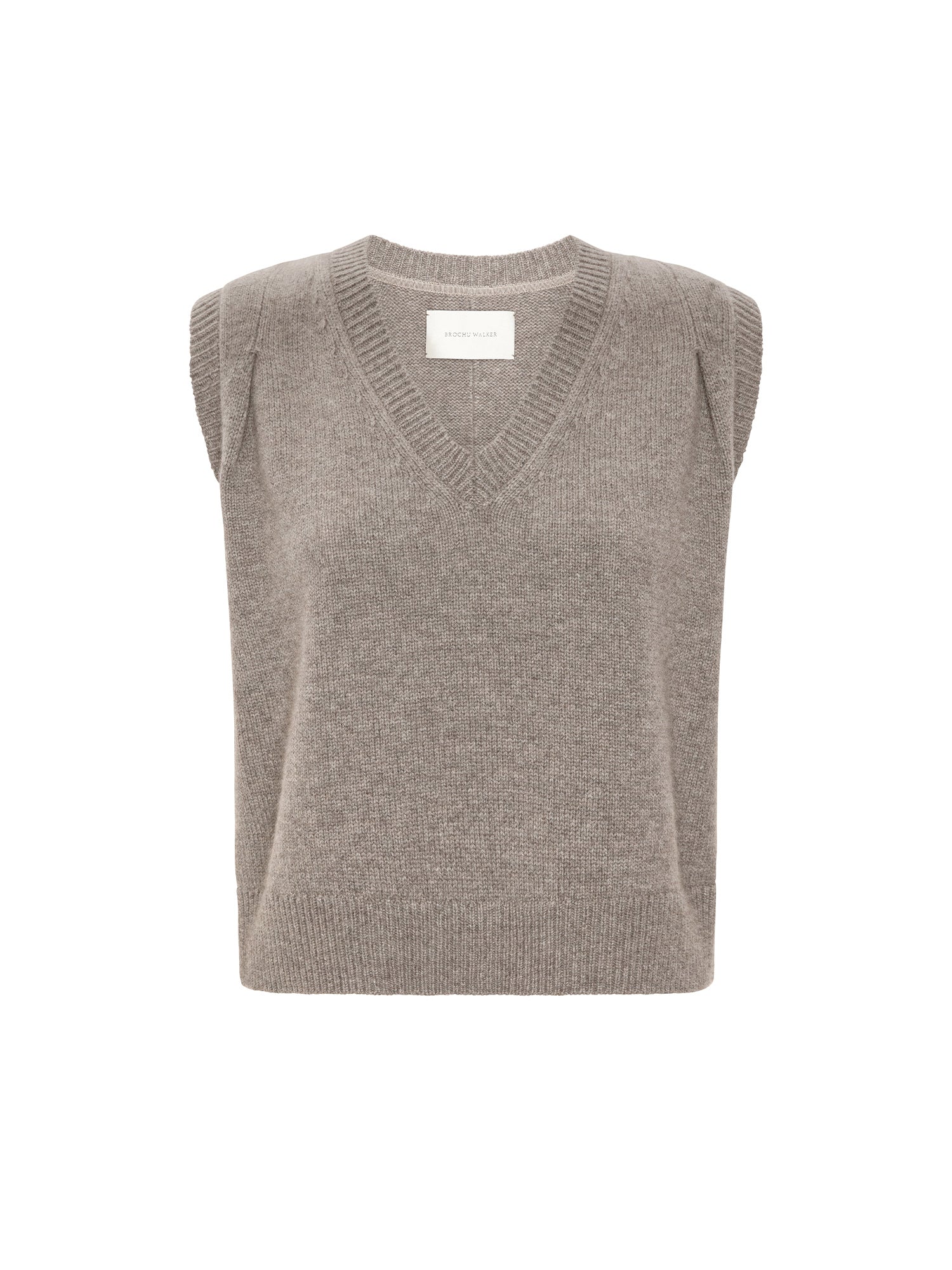 Ren sweater vest in otter melange, a sleeveless V-neck knit vest shown flat on a white background.