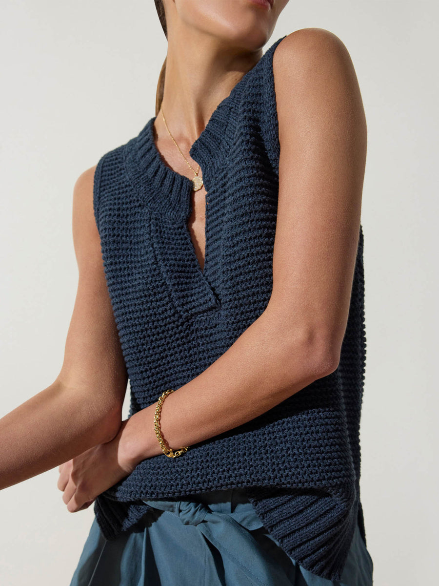 Roe v-neck cotton-linen navy sweater tank front view