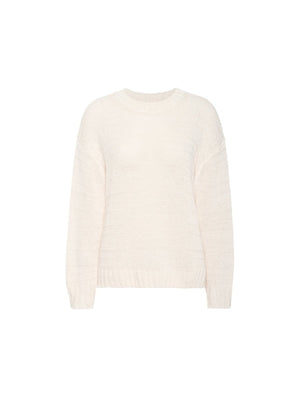 Knitted womens pullover in natural beige with crew neckline and long sleeves