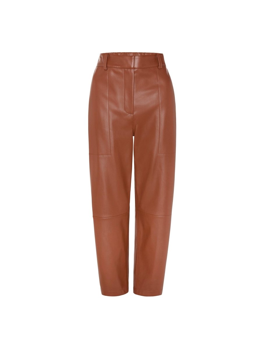 Women's vegan leather pants in chestnut brown with a structured waistband and straight-leg design.