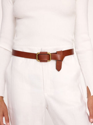 Saddle brown leather buckle belt full view 2