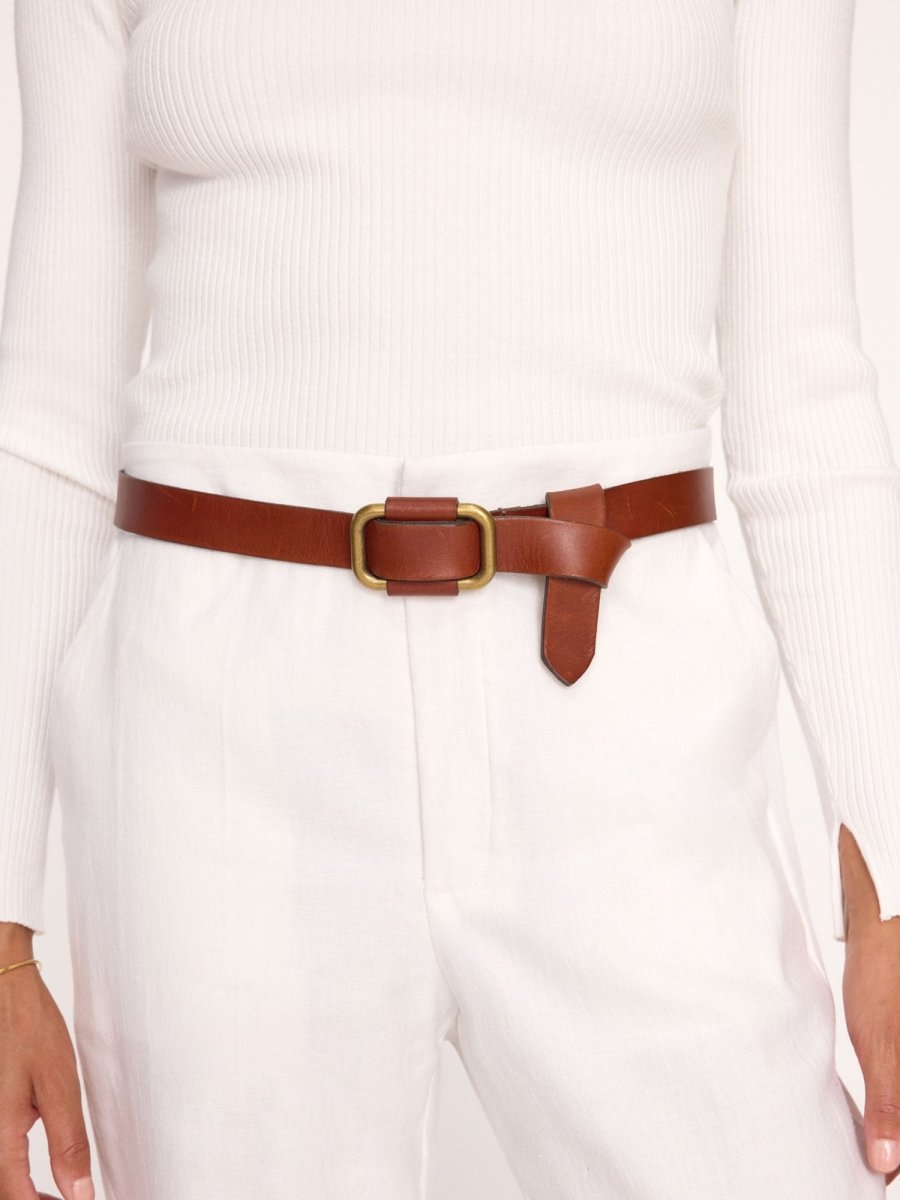 Saddle brown leather buckle belt full view 2